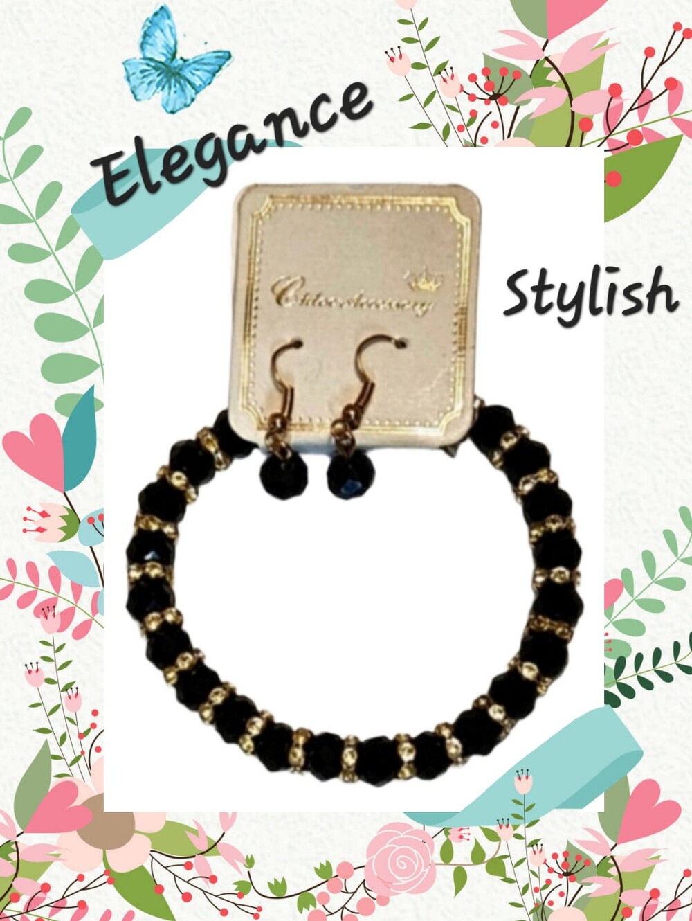 Chloe' Stretchy Bracelet With Matching Earrings - Black & Gold Tone Beads